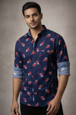 Navy Blue (Red & Grey Floral print) Full Sleeve Shirt
