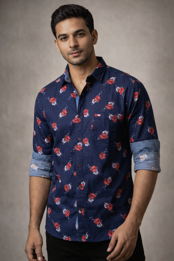Navy Blue (Red & Grey Floral print) Full Sleeve Shirt