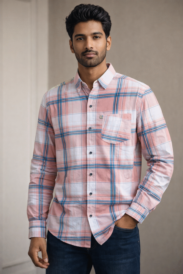 Peach Casual Check Full Sleeve Shirt