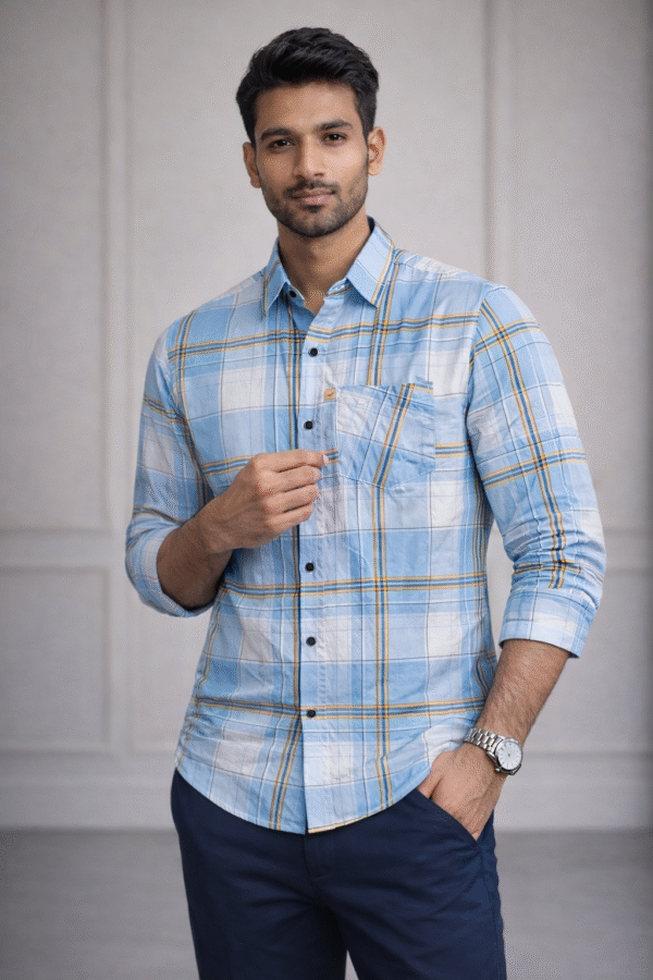 Sky Blue Casual Check Full Sleeve Shirt