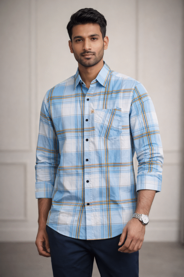 Sky Blue Casual Check Full Sleeve Shirt