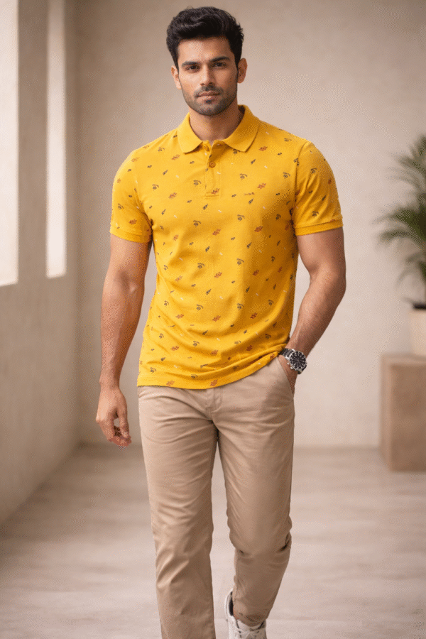Mustard Yellow Printed Polo T-Shirt