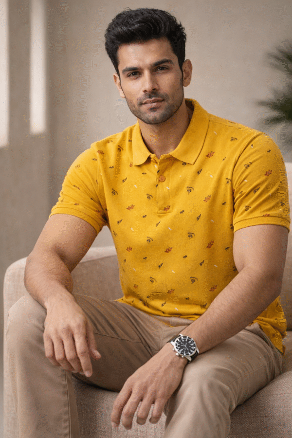 Mustard Yellow Printed Polo T-Shirt