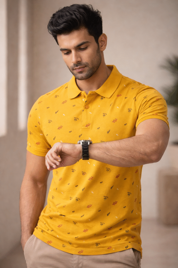 Mustard Yellow Printed Polo T-Shirt