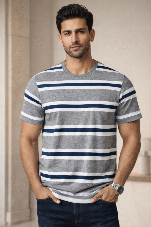 Grey Striped Round Neck T-Shirt