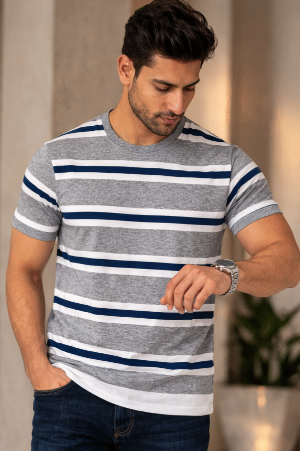 Grey Striped Round Neck T-Shirt