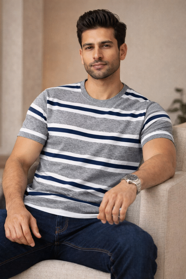 Grey Striped Round Neck T-Shirt