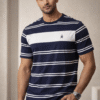 Navy Blue Striped Round Neck T-Shirt