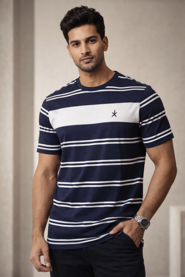 Navy Blue Striped Round Neck T-Shirt