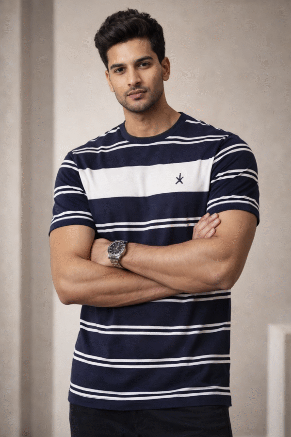 Navy Blue Striped Round Neck T-Shirt