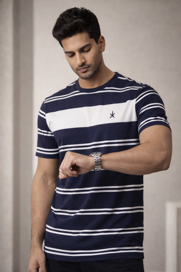 Navy Blue Striped Round Neck T-Shirt