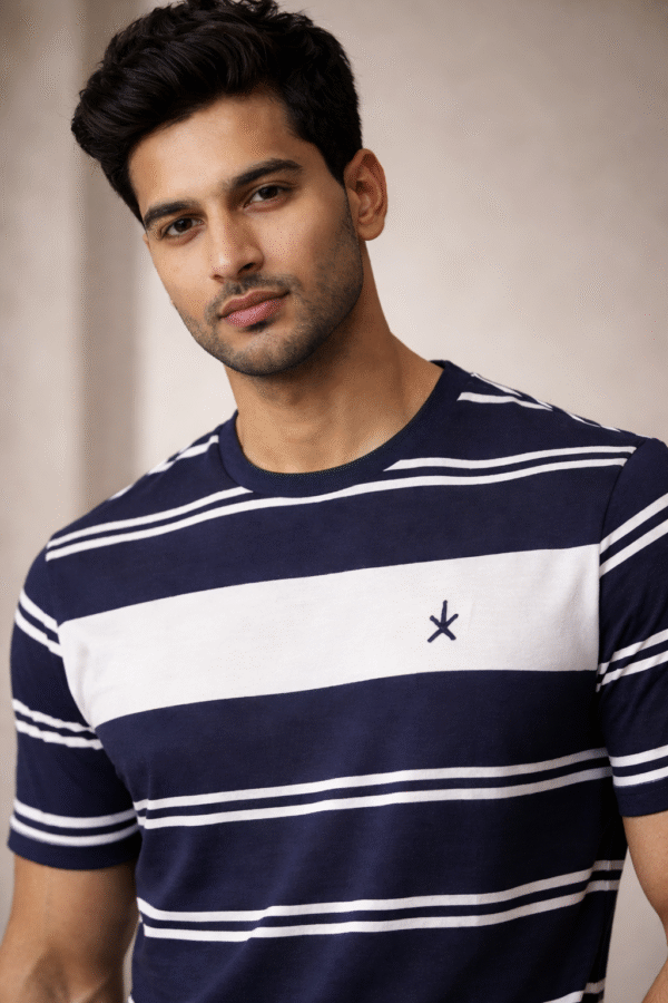Navy Blue Striped Round Neck T-Shirt