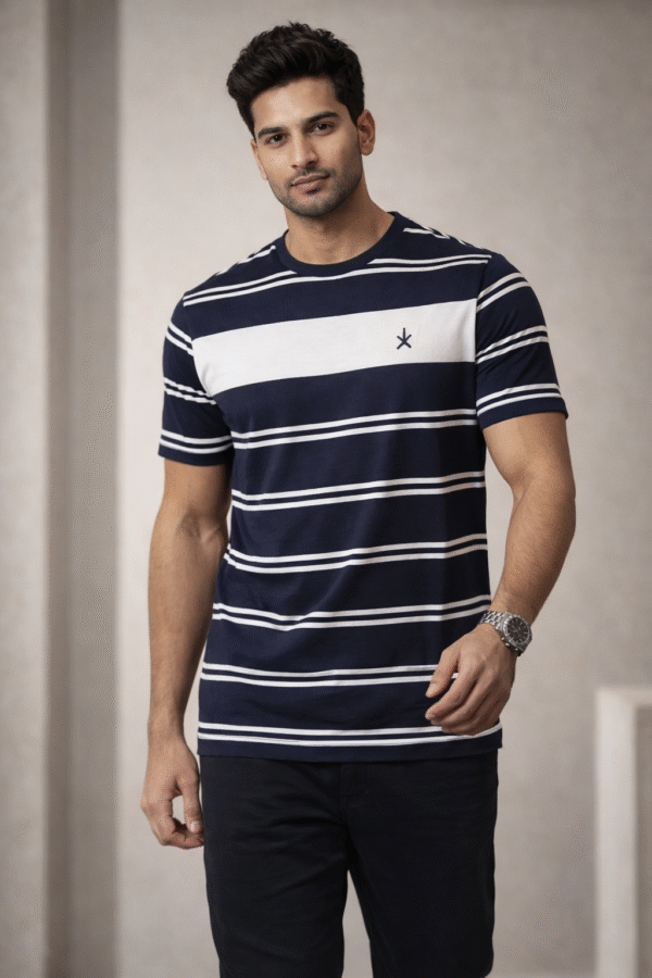 Navy Blue Striped Round Neck T-Shirt