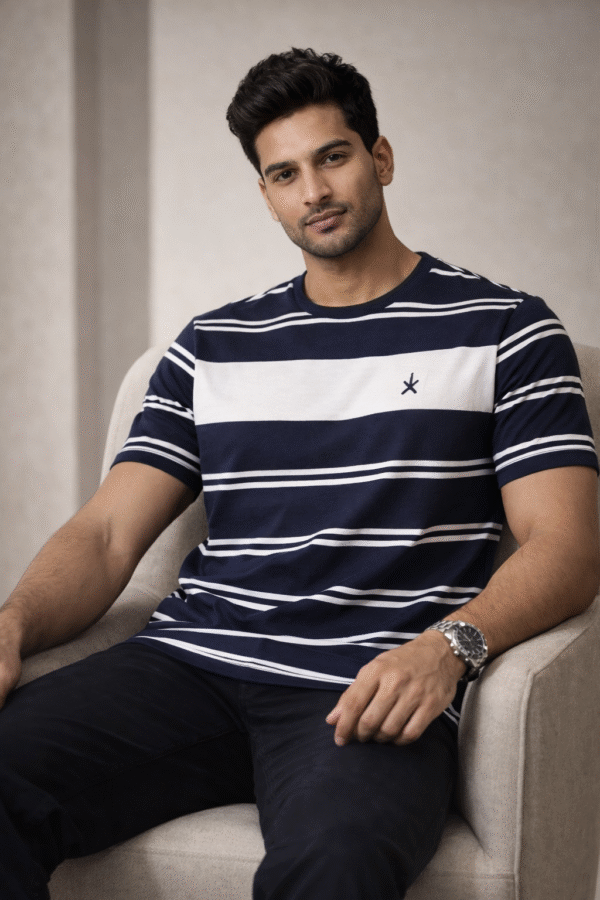 Navy Blue Striped Round Neck T-Shirt