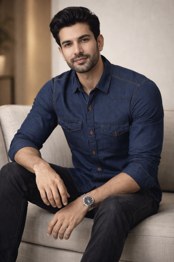 Dark Blue Casual Fake Denim Shirt