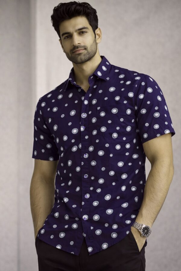 Navy Blue Polka Dot Half Sleeve Shirt (Slim Fit)