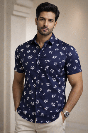 Navy Blue Floral Half Sleeve Shirt (Slim Fit)