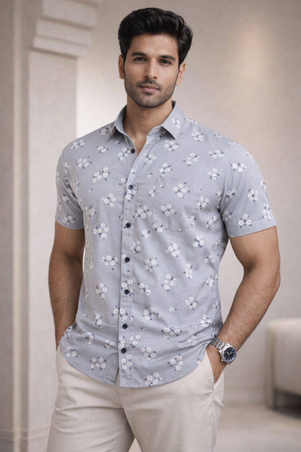 Grey Floral Half Sleeve Shirt (Slim Fit)