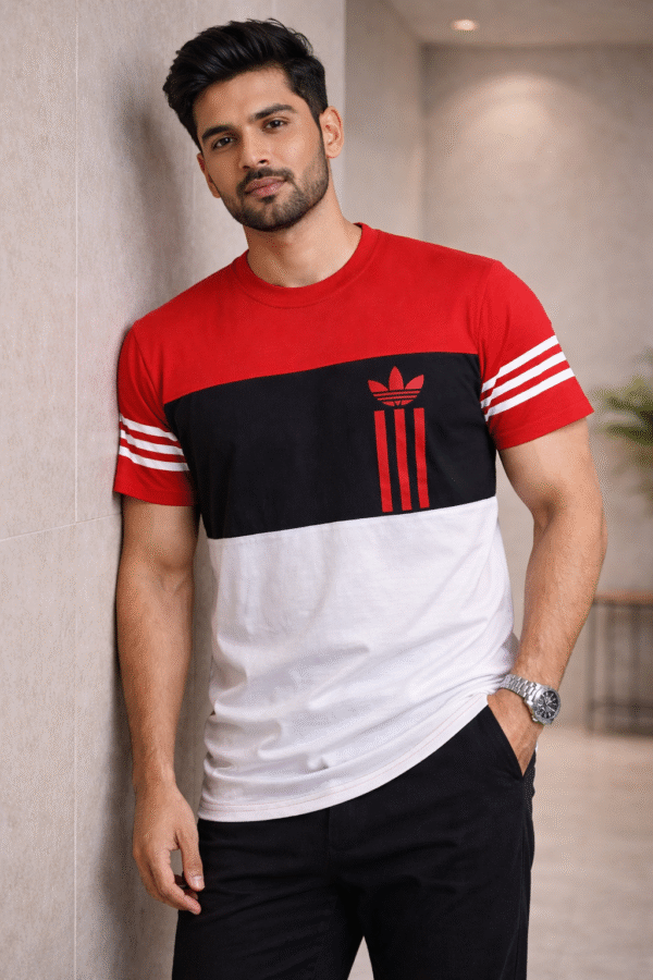 Red – Black – White Color Block Design Half Sleeve T-shirt