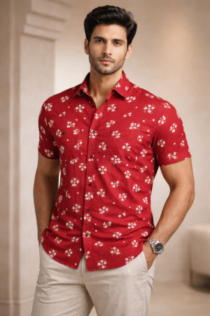 Red Floral Cotton Shirt (Slim Fit)