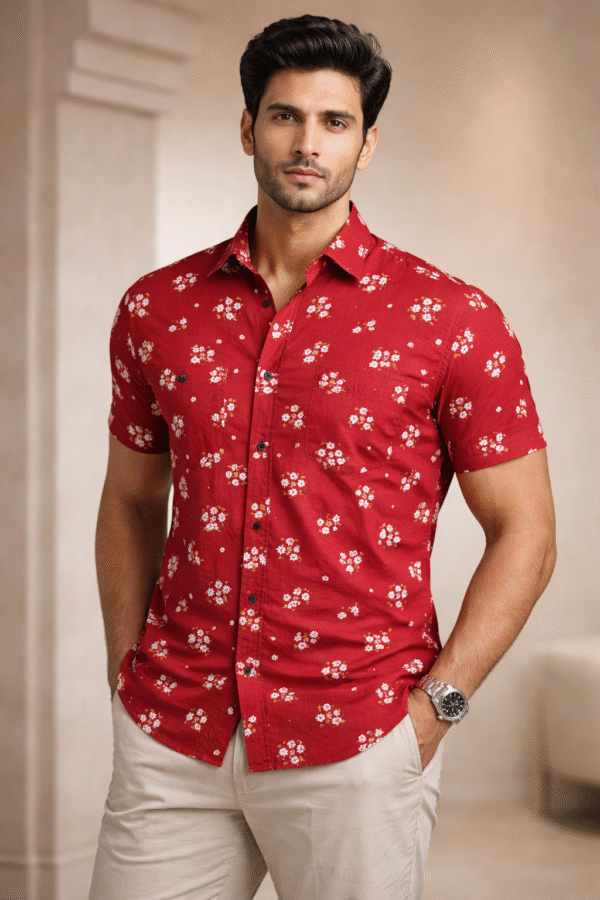 Red Floral Cotton Shirt (Slim Fit)