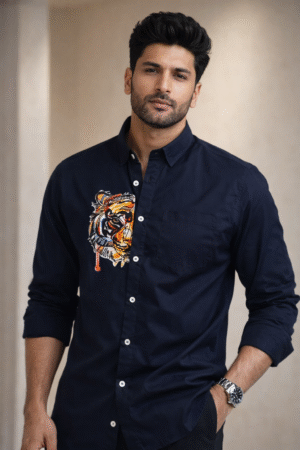 Navy Blue Tiger Patch Designer Shirt