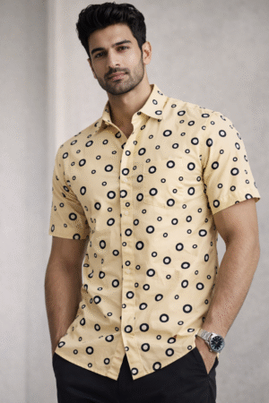 Cream Polka Dot Half Sleeve Shirt (Slim Fit)