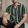Green Striped Cuban Caller Half Sleeve Shirt