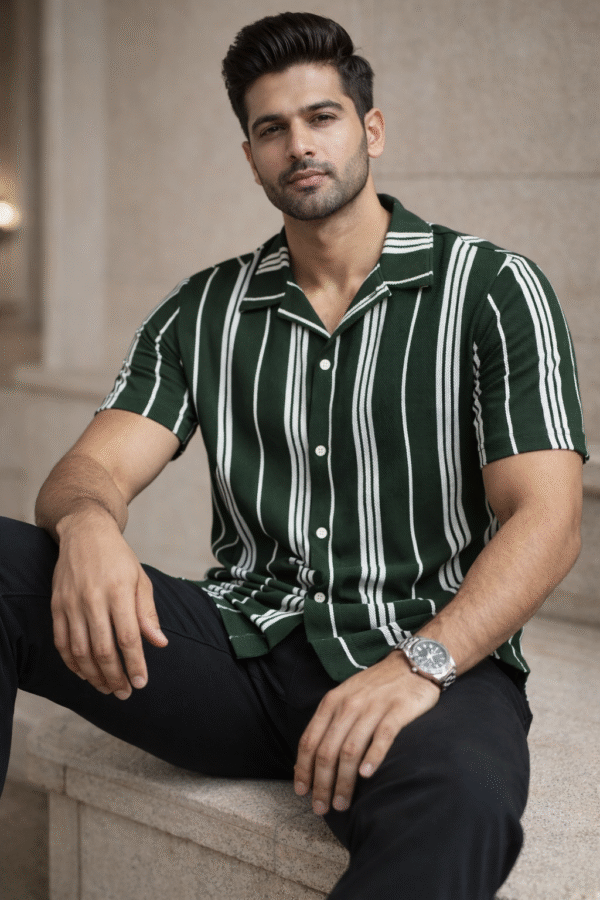 Green Striped Cuban Caller Half Sleeve Shirt