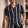 Black Striped Cuban Caller Half Sleeve Shirt