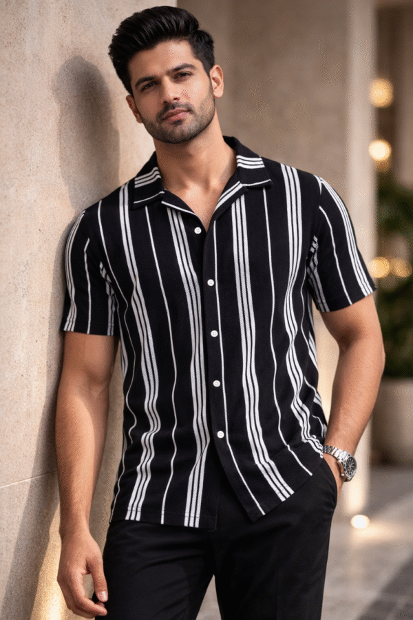 Black Striped Cuban Caller Half Sleeve Shirt