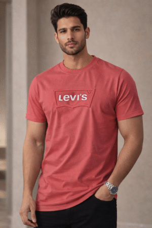 Brick Red Embossed Logo Slim Fit Half Sleeve T-shirt