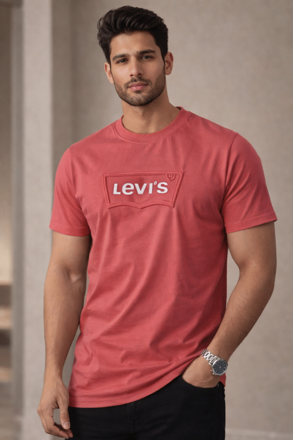 Brick Red Embossed Logo Slim Fit Half Sleeve T-shirt