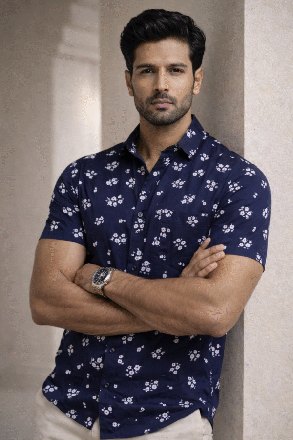 Navy Blue Floral Half Sleeve Shirt (Slim Fit)