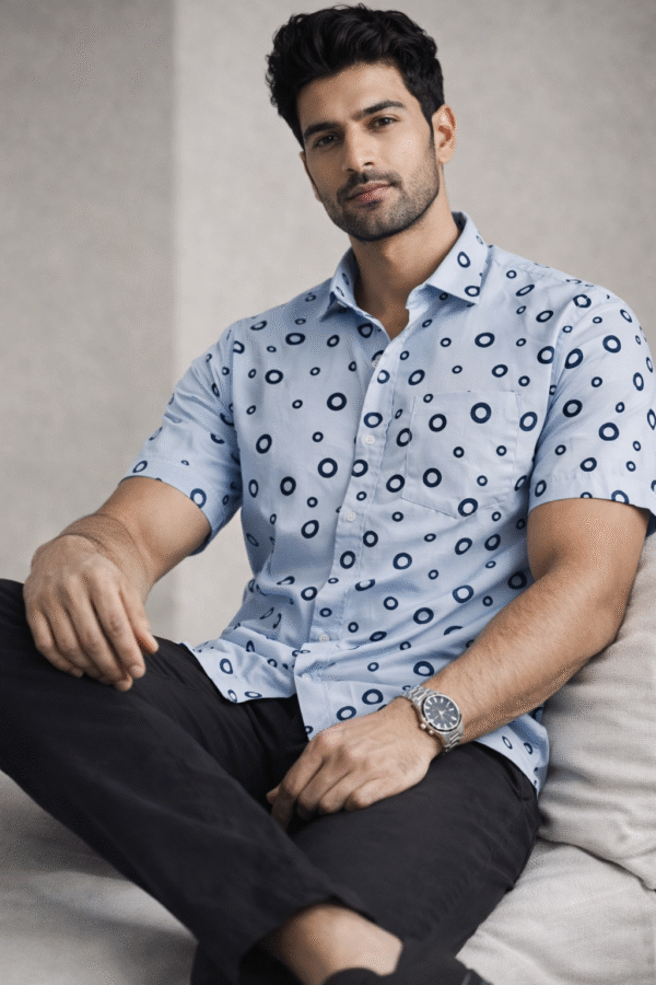Sky Blue Polka Dot Half Sleeve Shirt (Slim Fit)
