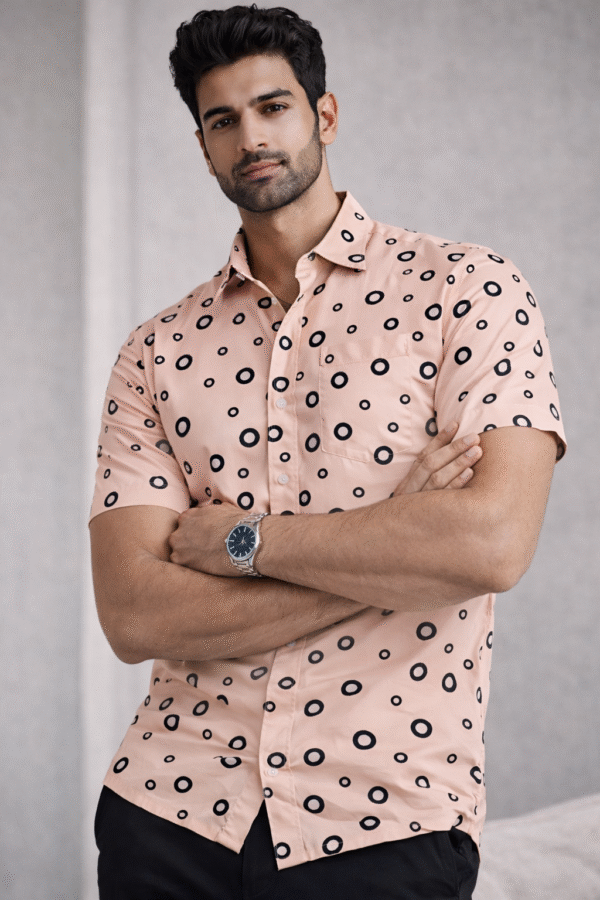 Peach Polka Dot Half Sleeve Shirt (Slim Fit)
