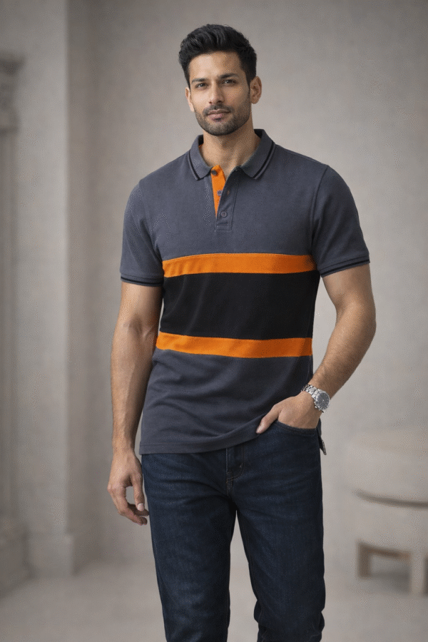 Charcoal Grey Color Block Polo T-Shirt