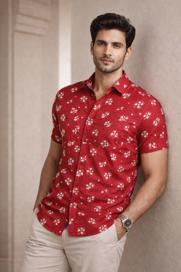 Red Floral Cotton Shirt (Slim Fit)
