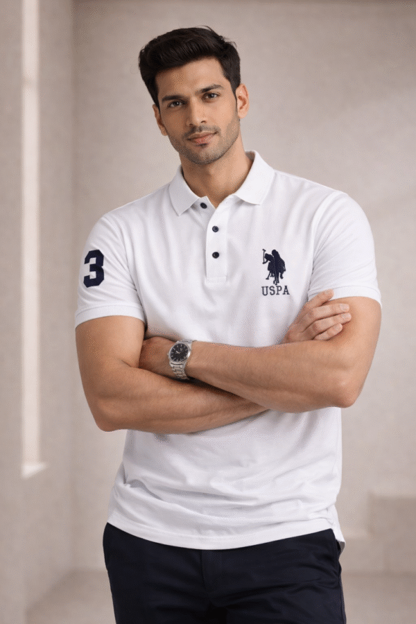 White Slim Fit Polo Collar Half T-shirt
