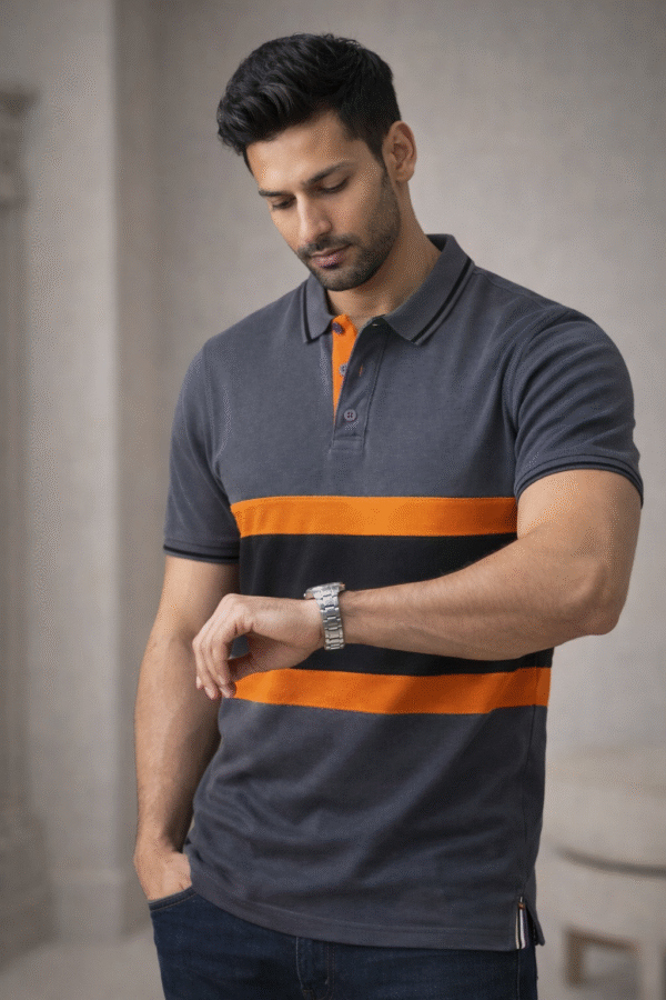 Charcoal Grey Color Block Polo T-Shirt