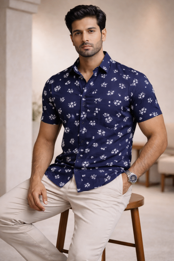Navy Blue Floral Half Sleeve Shirt (Slim Fit)