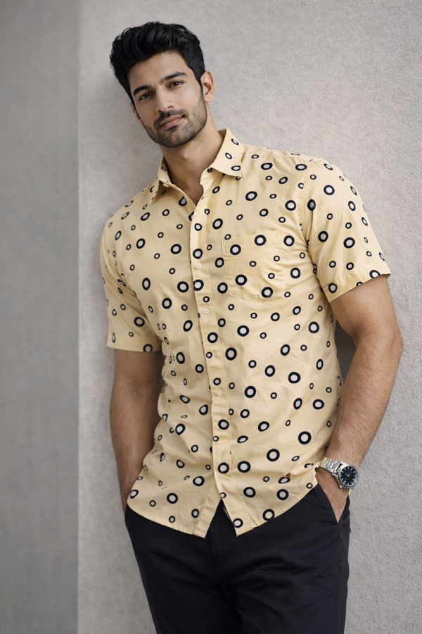 Cream Polka Dot Half Sleeve Shirt (Slim Fit)