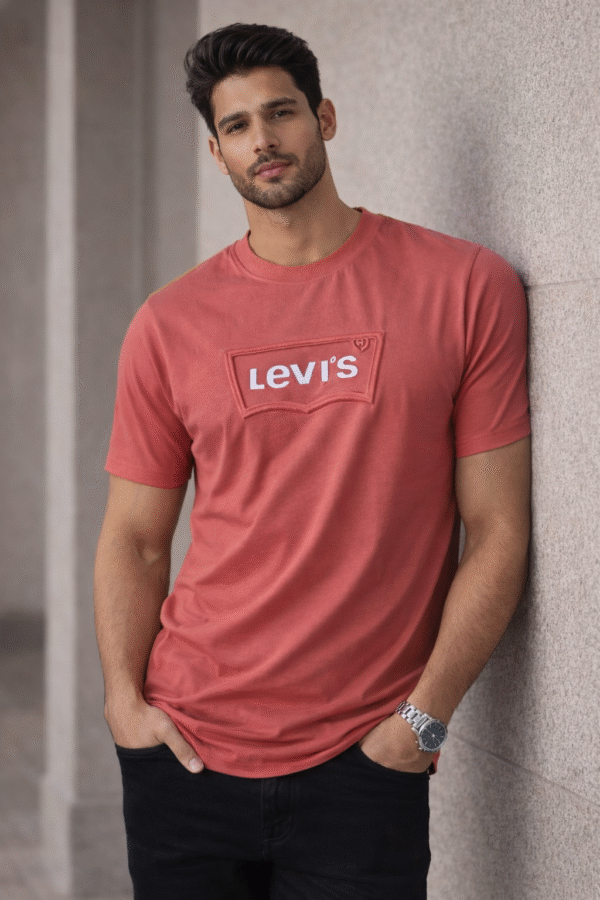 Brick Red Embossed Logo Slim Fit Half Sleeve T-shirt