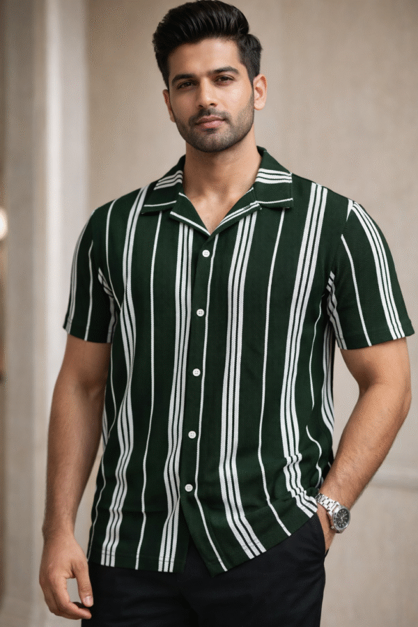 Green Striped Cuban Caller Half Sleeve Shirt