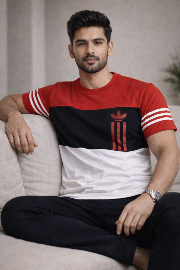 Red – Black – White Color Block Design Half Sleeve T-shirt