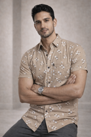 Khaki Brown Floral Half Sleeve Shirt (Slim Fit)