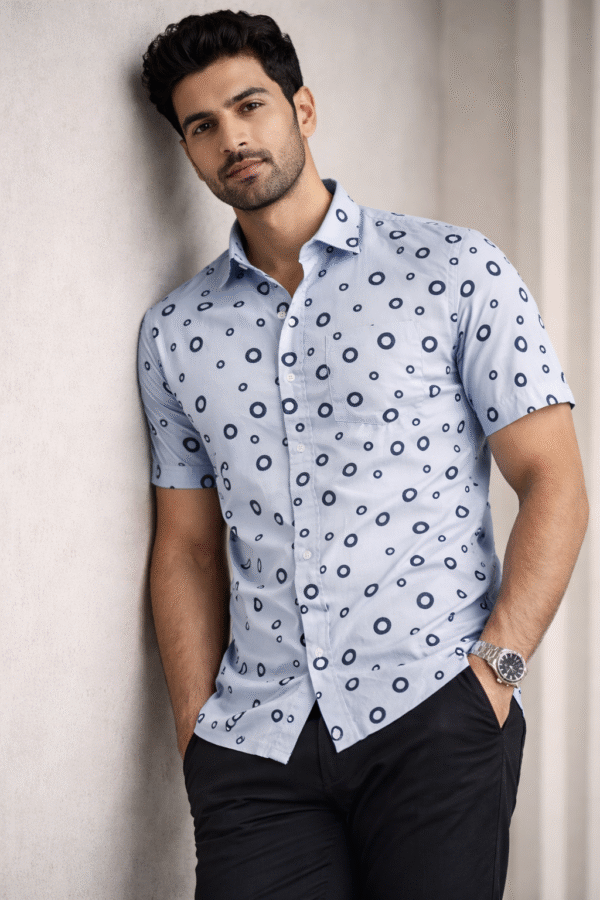 Sky Blue Polka Dot Half Sleeve Shirt (Slim Fit)