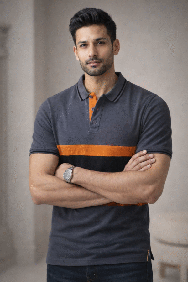 Charcoal Grey Color Block Polo T-Shirt