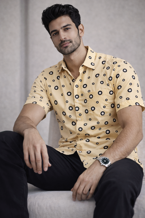 Cream Polka Dot Half Sleeve Shirt (Slim Fit)