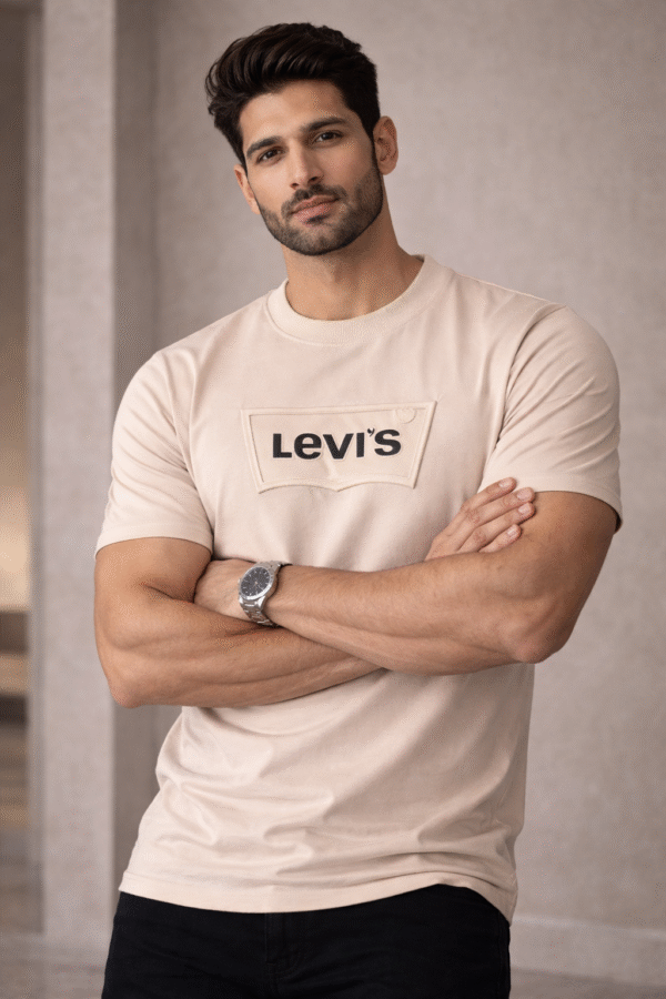 Beige Embossed Logo Slim Fit Half Sleeve T-shirt